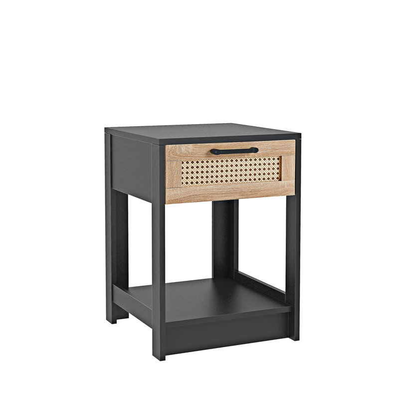 PE Rattan End Table with Drawer, Modern Nightstand, Side Table for Living Room, Bedroom, Black