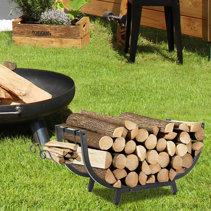Support à bûches incurvé pour l'extérieur en acier renforcé de 30 po pouvant contenir un cordon de bois de chauffage de 1/8 po pour les patios et les petits espaces (noir)