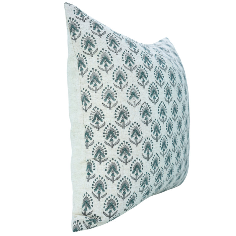 Housse de coussin Art Fab Fabine - Imprimés floraux sur lin doux, Vashundra, H 20 po x l 20 po, Bleu / Vert, Carrée