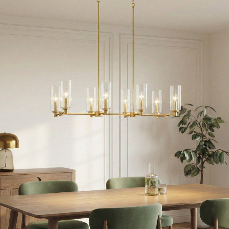 Luminaire suspendu en verre clair nervuré à 8 lumières Willow pour cuisine avec finition laiton doré
