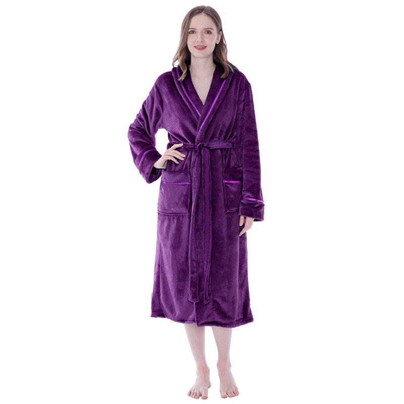 Peignoir mi-mollet en molleton avec poches, S, Mauve