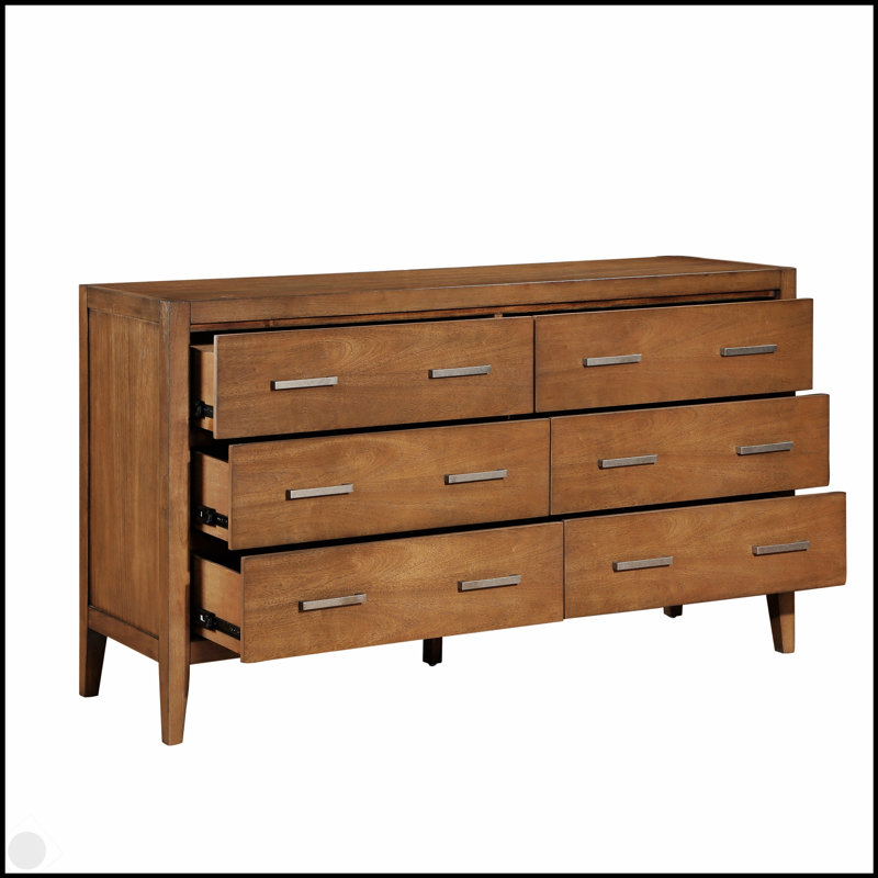 Commode transitionnelle en bois à 6 tiroirs avec finition brun clair et fabrication durable pour un rangement organisé