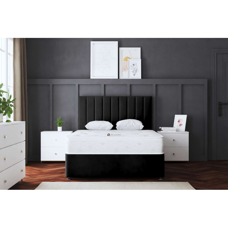  Upholstered Panel Divan Bed with Headboard, Small Single (2'6), Black