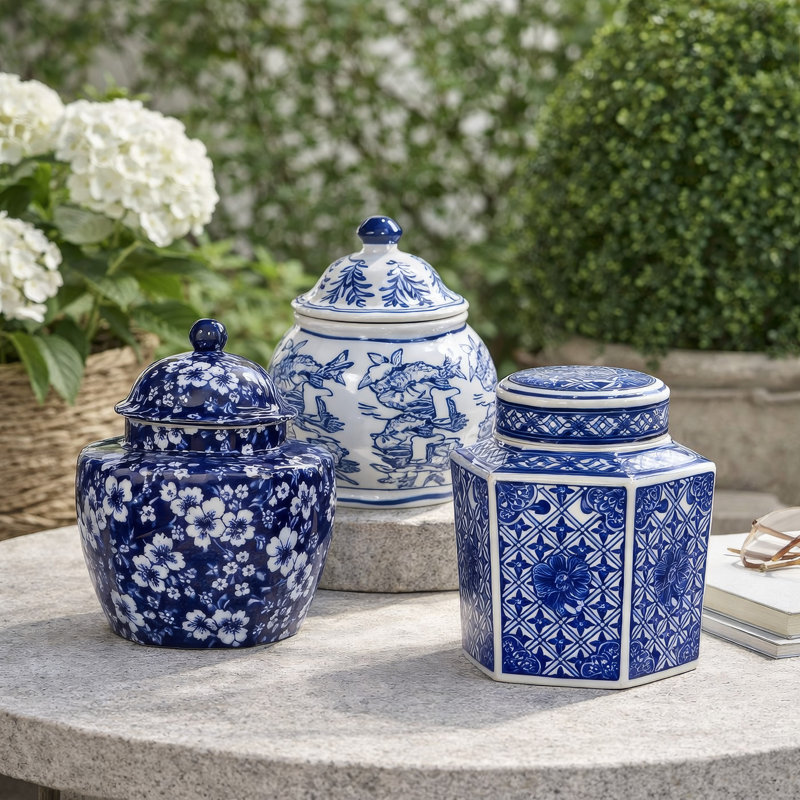 Porcelain Decorative Jars With Lid Set Of 3, Blue White Chinoiserie, 6 Inch, 6.3" H x 14.1" W x 4.7" D