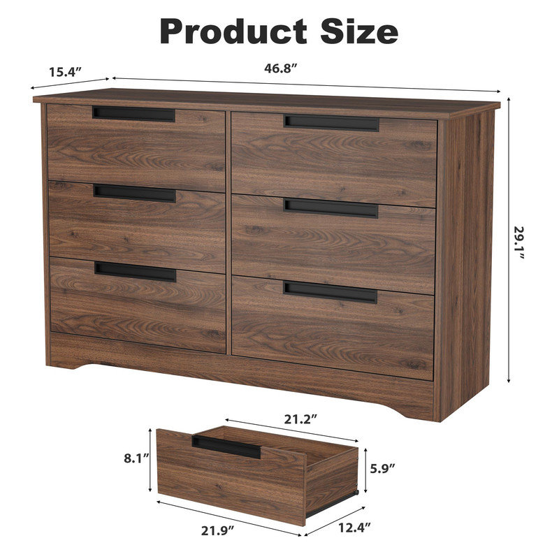 Commode 6 tiroirs avec poignées intégrées - Commode en bois pour chambre à coucher, salon, couloir, noyer