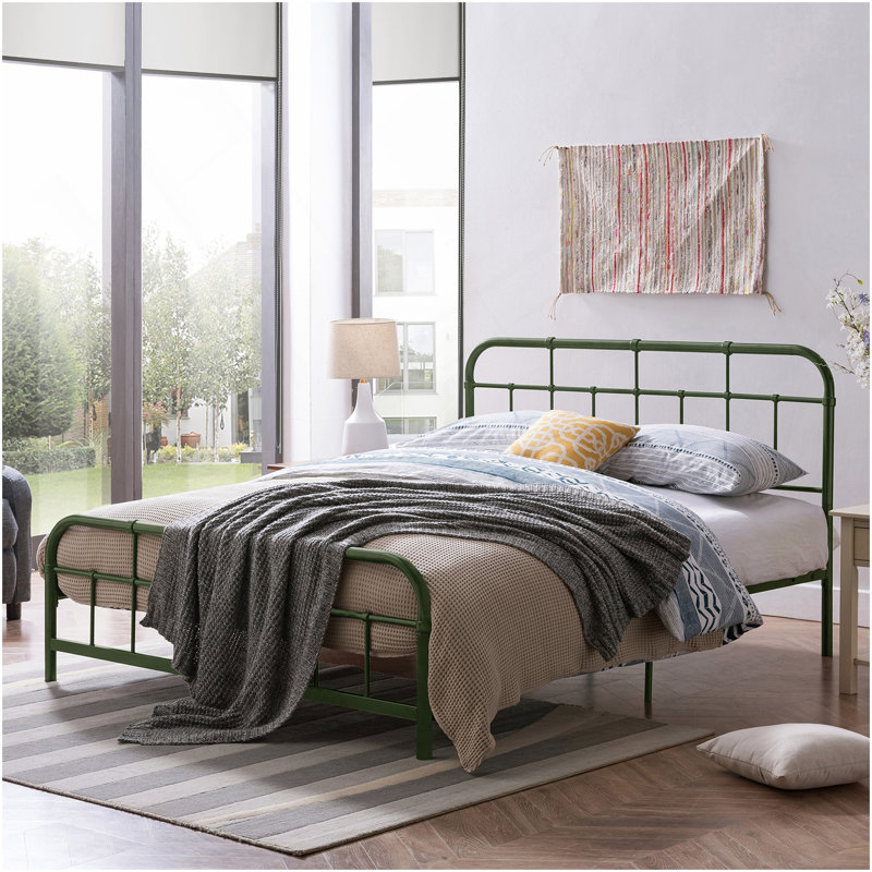 Grand lit en métal avec tête de lit et pied de lit arrondis, vert, Vert antique