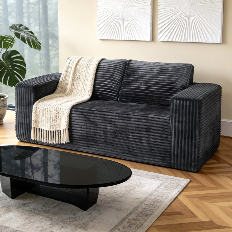 Canapé deux places en velours côtelé noir de 161 cm (63,4 po), livré en boîte, assise profonde et moelleuse avec mousse à mémoire de forme, canapé lounge confortable, aucun assemblage requis