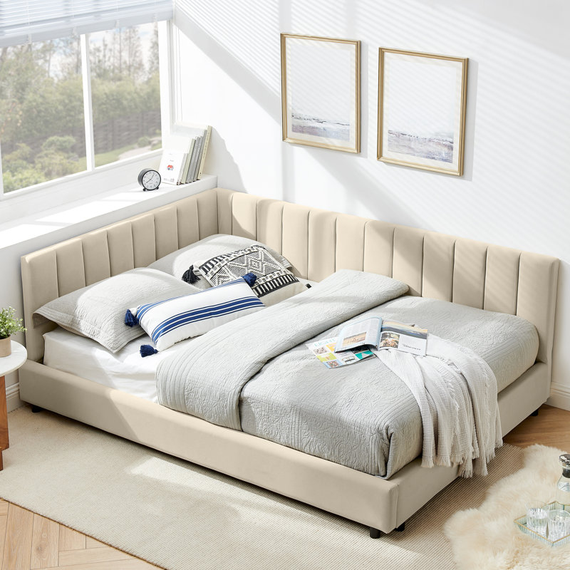 Upholstered Full Bedroom Bed Frame, Velvet With Comfortable Design For Living Room Too Size Daybed Beige Velvet Upholstery And A Construction Area