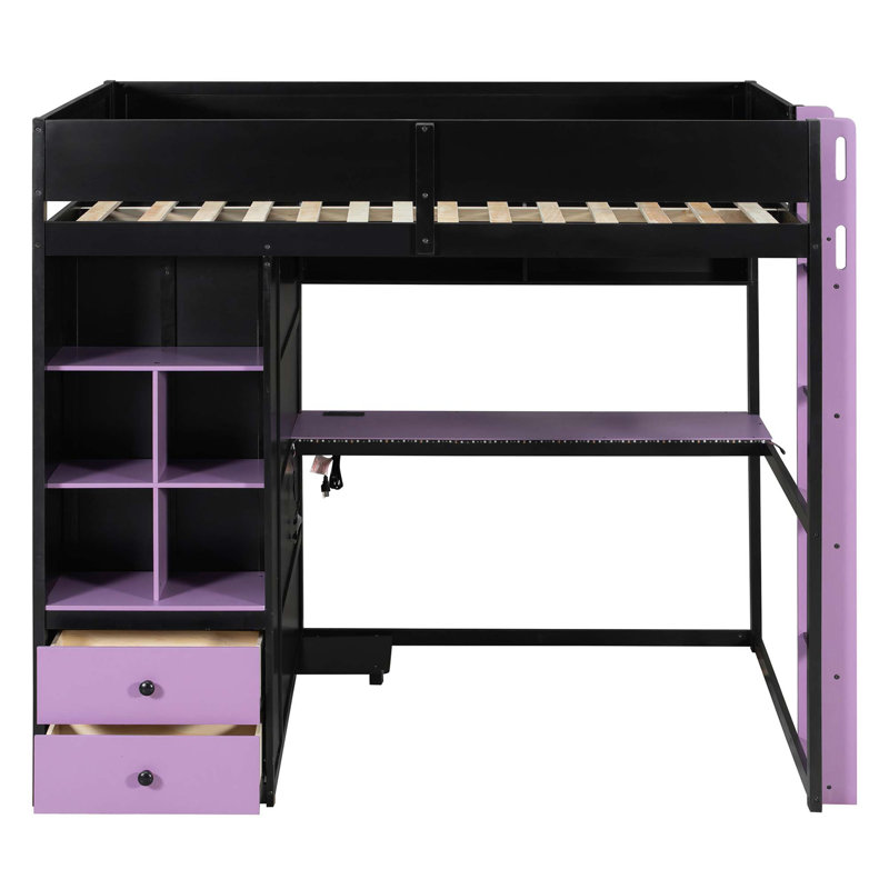 Lit mezzanine en bois massif (taille standard) avec bureau intégré et éclairage intelligent, Noir, mauve