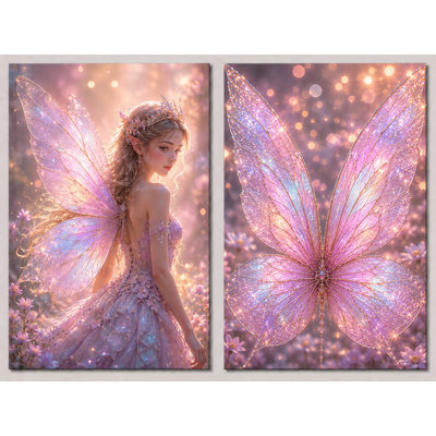 Extra-Large Set of 2  Pink Butterfly Fairy Wall Art Canvas Print 24x36 Inch Sparkling Wings Fantasy Princess Artwork for Living Room Bedroom Home Decor Ready to Hang