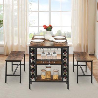 Ensemble de table de salle à manger de 47 pouces pour 4, 3 pièces avec 2 bancs, support à vin et 2 tablettes de rangement pour appartement