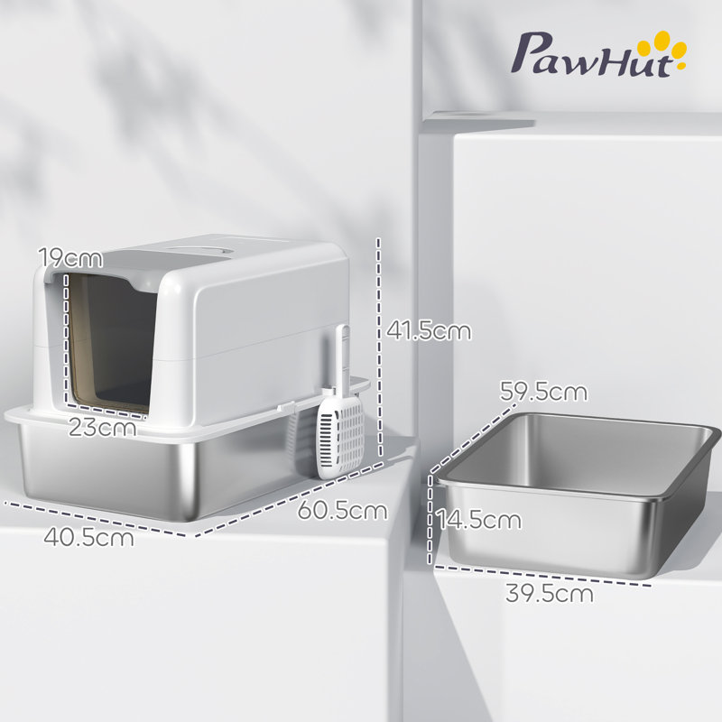 Stainless Steel Litter Box Enclosure with Scoop, White