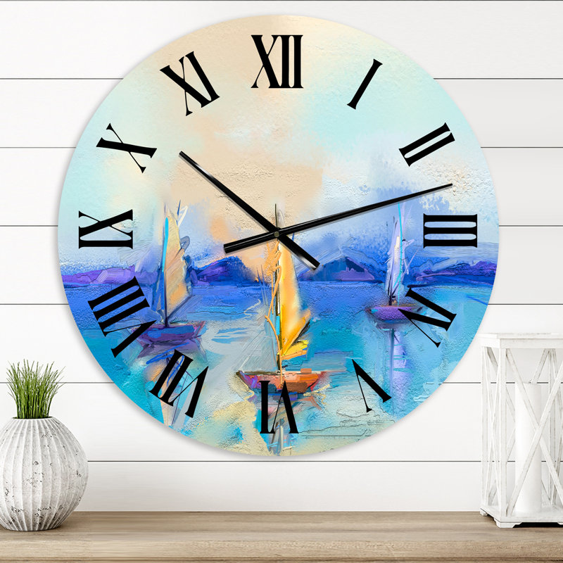 Petits bateaux arrivant au rivage au coucher du soleil III - horloge murale moderne, Surdimensionné
