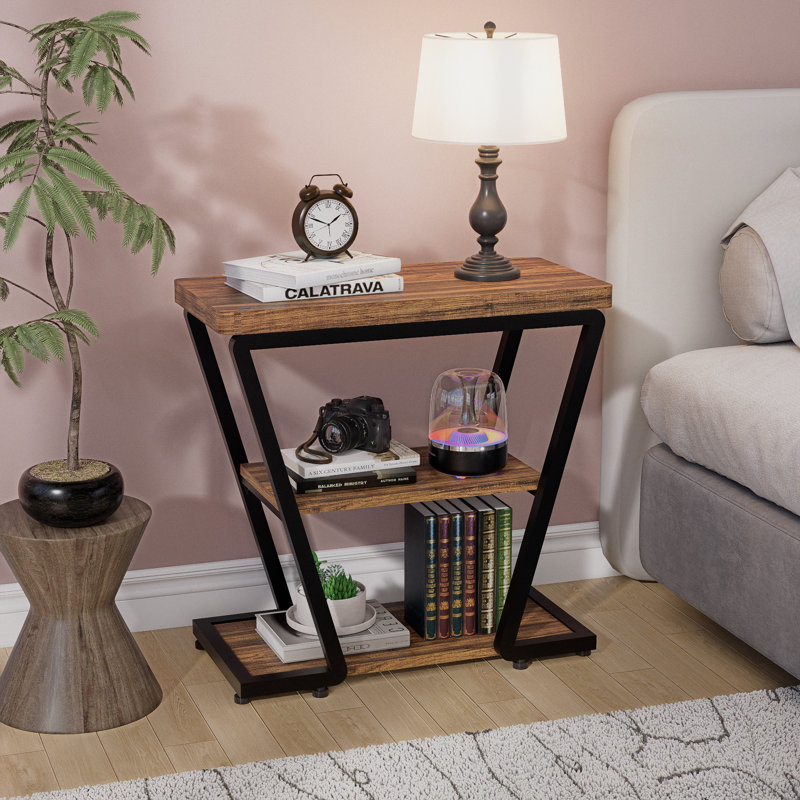 Narrow End Table, 3-tier Sofa Side Table With Storage Shelf, Wood And Metal Nightstand For Living Room Bedroom, Rustic Brown