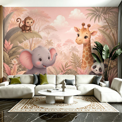 Peel and Stick Wallpaper Pink Jungle Elephant Giraffe Panda Bear Monkey Jungle Wall Murals 100"H x 144"W Removable PVC Wall Paper Self-Adhesive Wall Decor for Bedroom Living Room Home Office