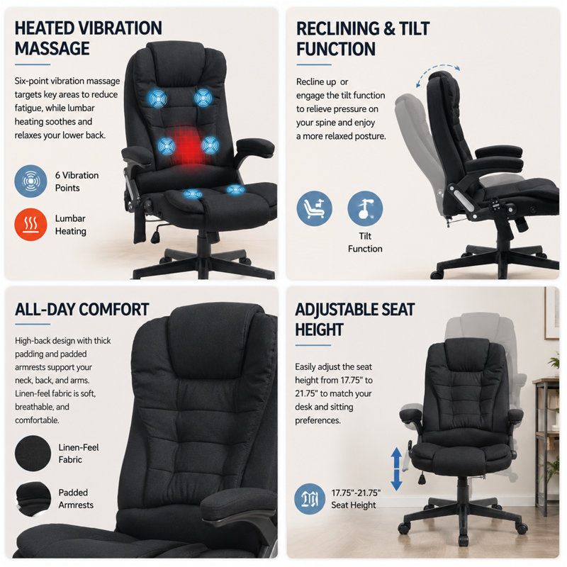 Chaise de bureau en lin à haut dossier avec massage vibrant et chaleur