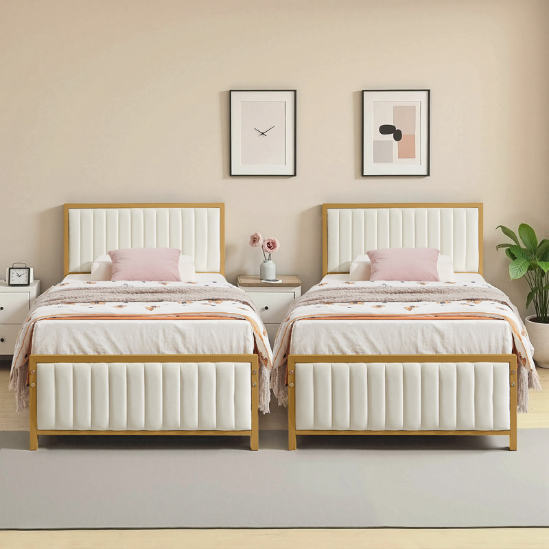 Set of 2 Twin Size Upholstered Bed Frames with Soft Padded Headboards, Heavy-Duty Metal Slat Platform Beds, Underbed Storage Storage,Beige