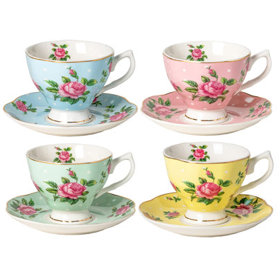8 oz Fine Porcelain Tea Cups and Saucers Set of 4, Gold Trim Lightweight Non-Toxic Teacup, Dishwasher Safe Ideal for Afternoon Tea, Wedding, Party and Mother's Day Gifting