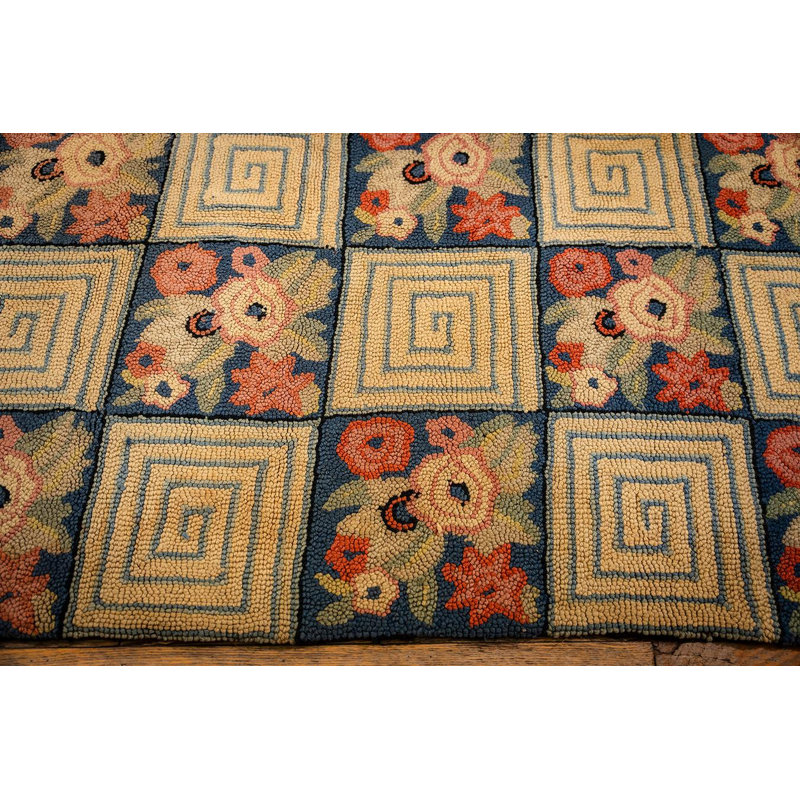 1880s Rustic Blue Ground Modern Geometric Folk Art Antique American Hooked Rug
