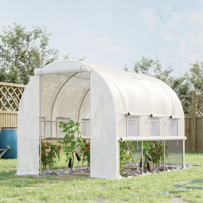 Tunnel de plain-pied de 10 pi x 7 pi 7 po pour le jardinage extérieur avec couvercle en PE, portes à fermeture à glissière et orifices de ventilation en filet avec fenêtres de circulation d'air