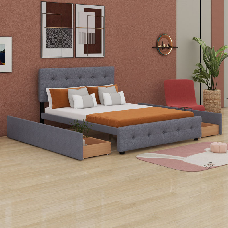 Lit plateforme tapissier avec tête de lit classique et 4 tiroirs, Gris foncé
