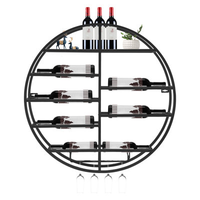 23.62Inch Wall Mounted Round Wine Bottle & Glass Rack Wine Display Shelf With Glass Holder Black