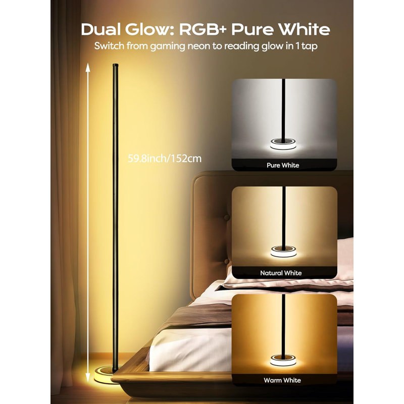 Lampe sur pied d'angle Smart RVBICW avec Music Sync - Lampe sur pied à DEL 16 couleurs changeantes avec contrôle d'application, éclairage ambiant à intensité variable pour salle de jeux, chambre à coucher et salon