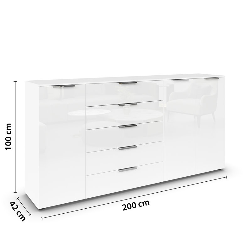 5 - Drawer Chest of Drawers, Alpine White/White Glass/Chrome