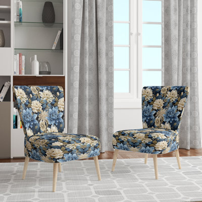 Blue And White Blooming Floral Pattern - Upholstered Cottage Accent Side Chair