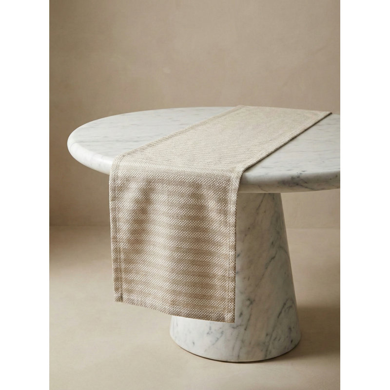 Sandy Beige Marina Stripe Indoor Outdoor Table Runner 14x72, Classic Gray