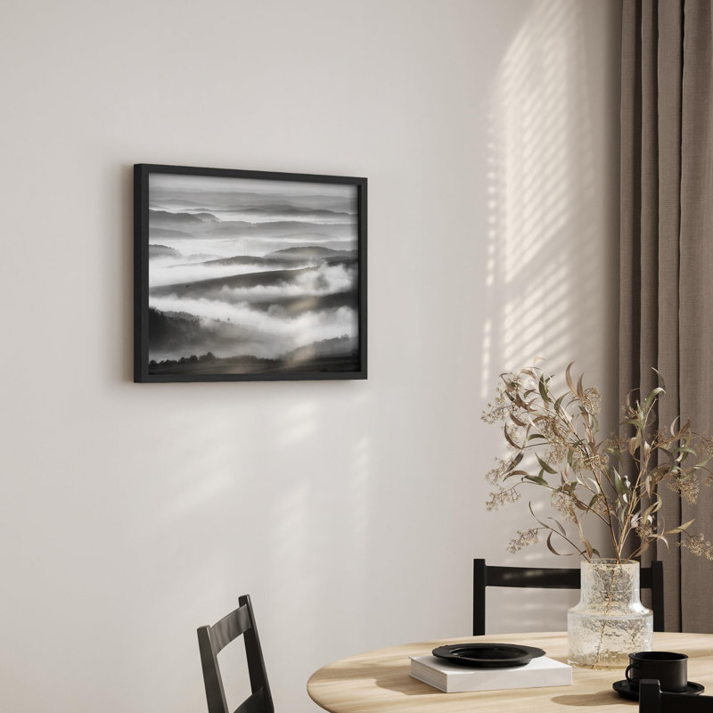 Brouillard, brouillard, montagne, ATOP, montagne, illustration moderne, petit décor, œuvre d'art moderne, Noir