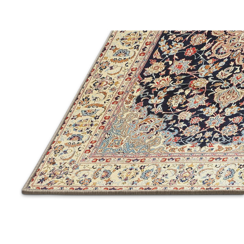 Tapis décoratif oriental beige/bleu marine/rouge abrame, Rectangle 6 pi x 9 pi