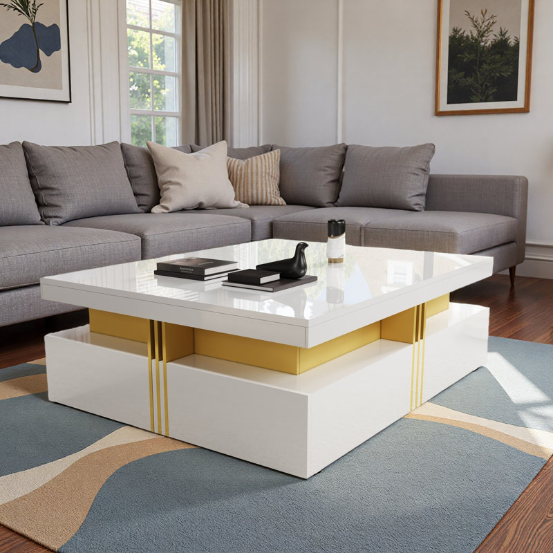 Table basse moderne carrée avec 4 tiroirs, Blanc
