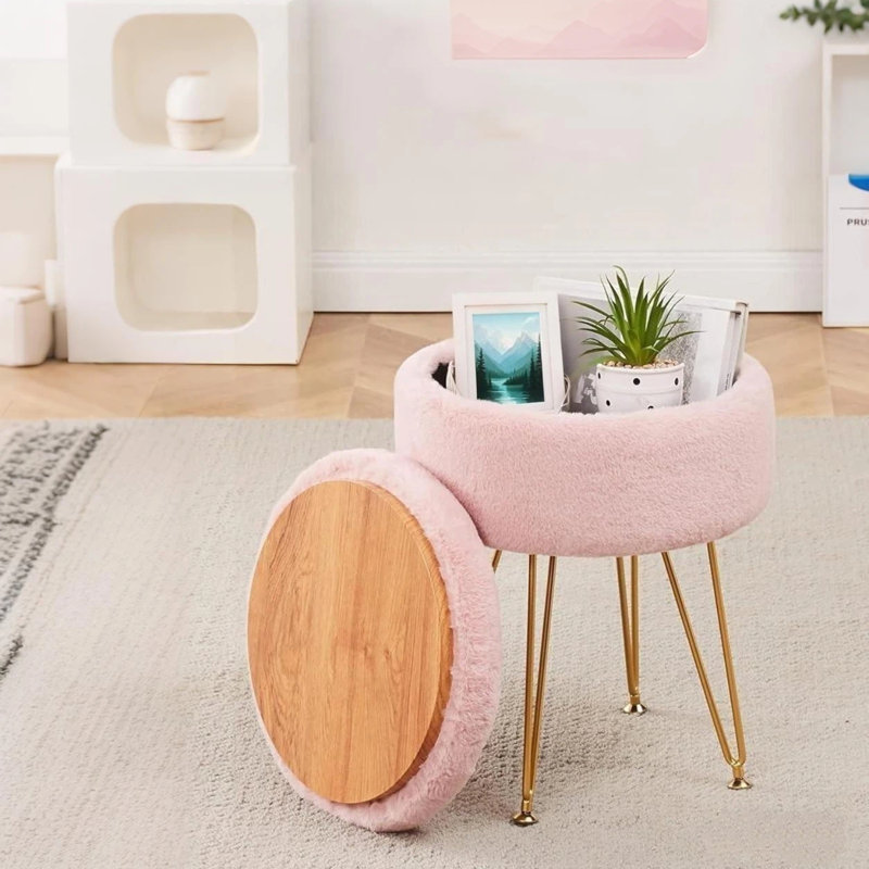 Vanity Storage Accent Stool with Metal legs, Pink 