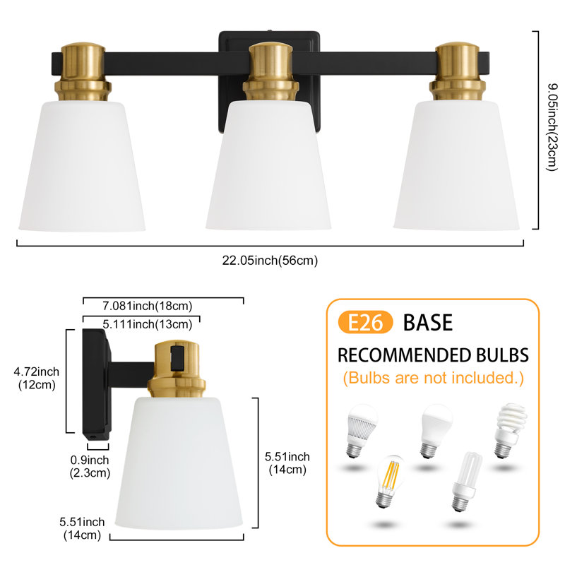 Luminaire de meuble-lavabo avec abat-jour opale Parker, Noir mat / Or, 3