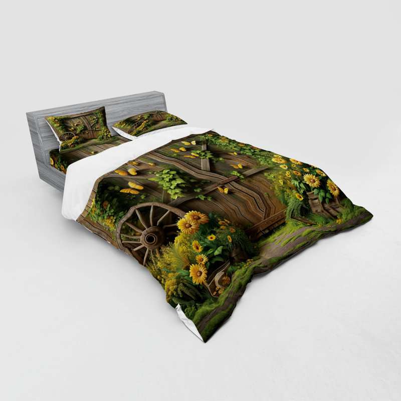 Ensemble de literie rustique Ambesonne et jaune sépia vert fougère, King Duvet Cover + 3 Additional Pieces
