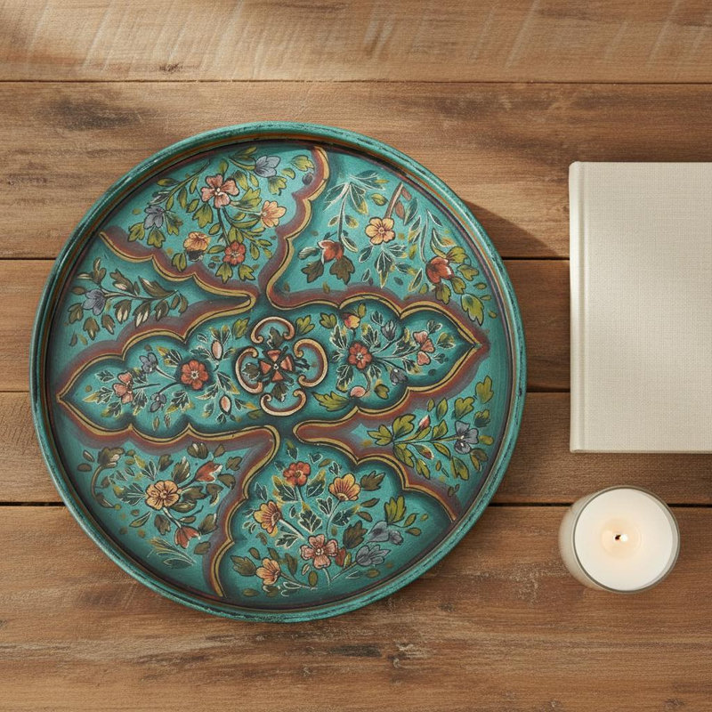 Plateau de service rond en bois 21 po peint à la main pour décoration de table basse