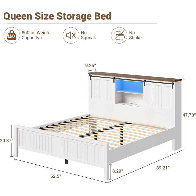 Farmhouse Bed Frame with LED Lights and Charging Station, Queen