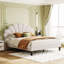 Grand lit plateforme tapissier avec tête de lit en velours à motif floral, beige
