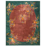 Wool Knotted Antique Chinese - Art Deco 1920s Coral Room Size Rectangle Rug