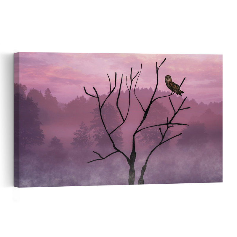 Owl In Purple Mist Dreamy Ethereal Serene Bird Owl Forest Landscape Wall Art Print 1 Piece Wrapped Canvas Wall Art