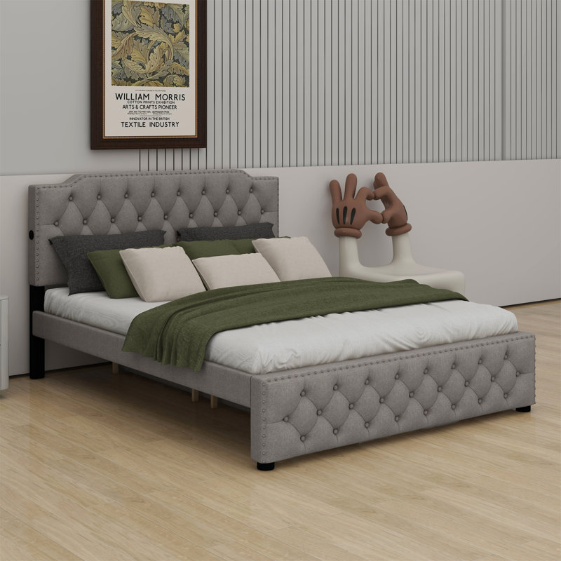 Lit plateforme tapissier avec lit gigogne et 2 ensembles de ports USB, Gris