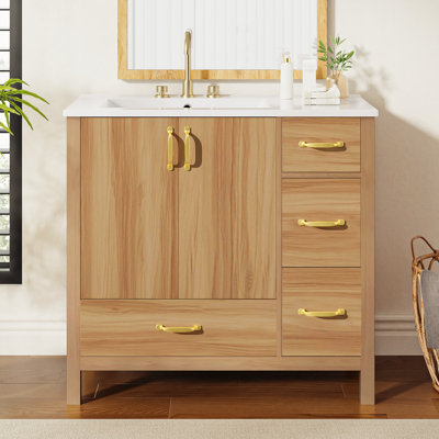 Wood Bathroom Vanity With Adjustable Shelf, 2 Soft Close Doors, 4 Soft Close Drawers, Modern Bathroom Vanity With Storage