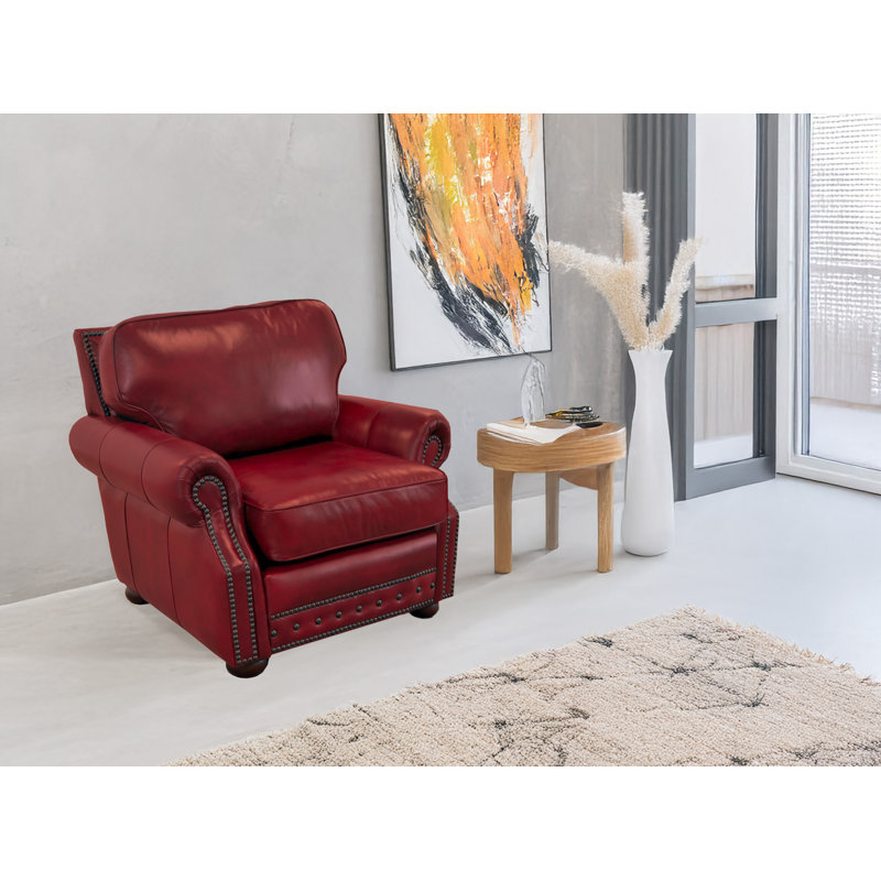 Fauteuil club en cuir véritable avec accoudoirs roulés de 48 po Speroni, Cuir véritable rouge foncé Brompton