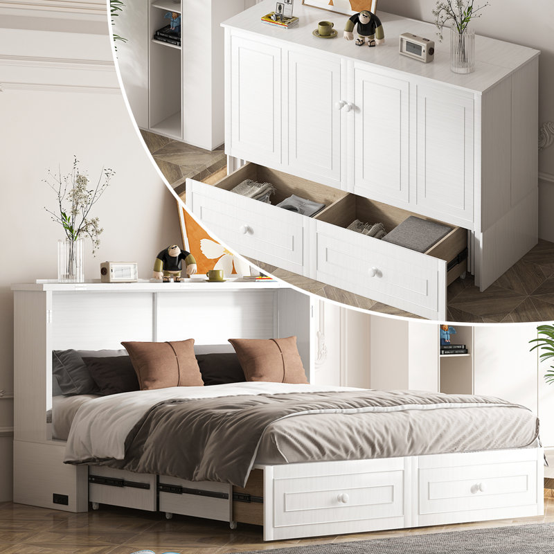 Lit escamotable Queen en bois massif avec tiroir de rangement