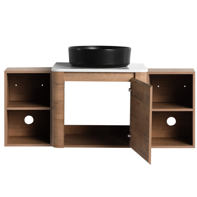 Meuble-lavabo moderne de 48 po avec lavabo d'art en céramique, 2 tablettes de rangement, porte à fermeture en douceur, structure en contreplaqué, imitation chêne, dalle de pierre, vasque longue durée, lisse et teinté