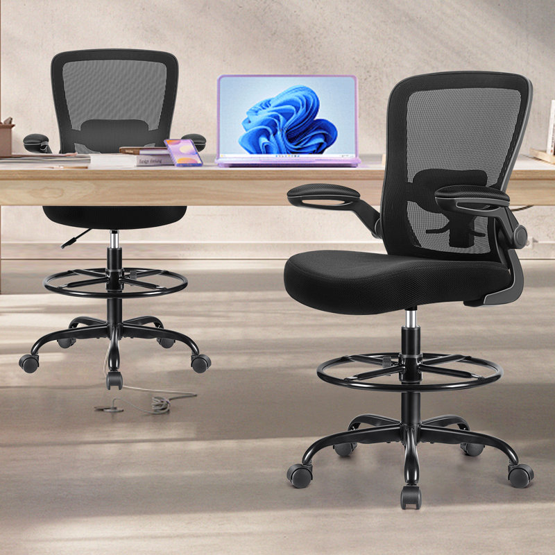 Mesh Drafting Chair with Adjustable Footrest and Lumbar Support, Black, Black