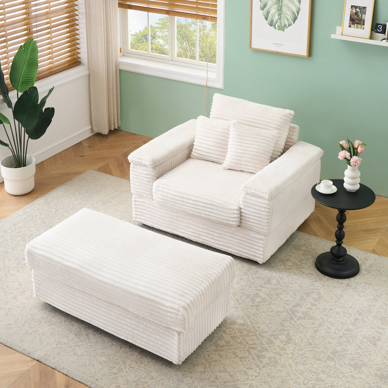 Canapé 44 po en velours côtelé simple avec repose-pieds 44 po, Tissu blanc