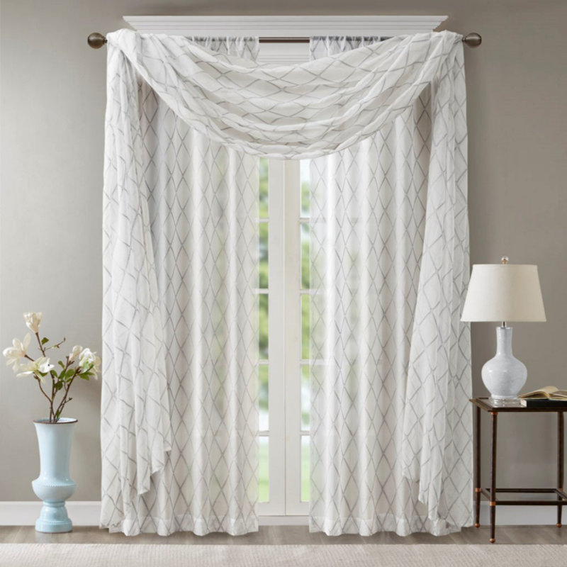 Diamond Sheer Embroidered Window Scarf, Gray/White, 50" W x 216" L