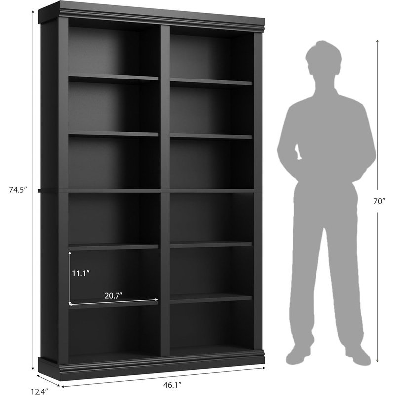 74.5" Tall 6-Tier Double Wide Bookshelf with 12 Cubbies, Extra Large Freestanding Bookcase for Living Room, Office, Black